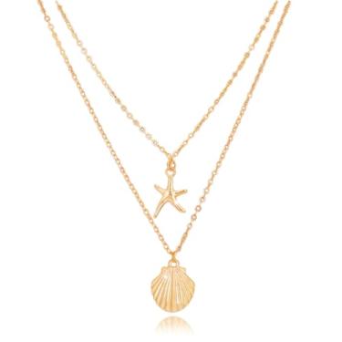 Imagem de Tgirls Colar Boho com pingente de concha em camadas, estrela-do-mar, corrente de prata para mulheres, Free Size, Metal, Sem Pedra Preciosa