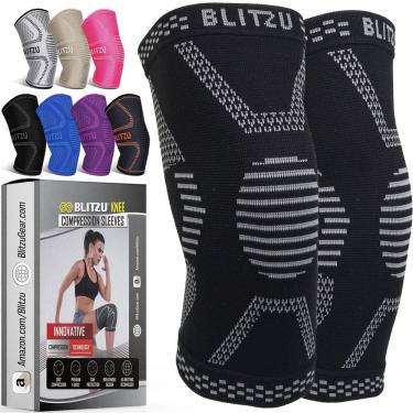 Imagem de Joelheira BLITZU Compression para mulheres e homens, pacote com 2 unidades Jet Black M
