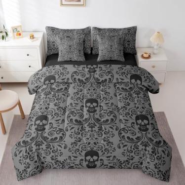Imagem de Jogo de cama gótico damasco para adultos, estilo vitoriano, antigo, 7 peças, conjunto de cama casal, cinza, preto, crânio, açúcar, flores vintage, gótica, esqueleto de osso exótico, decoração barroca
