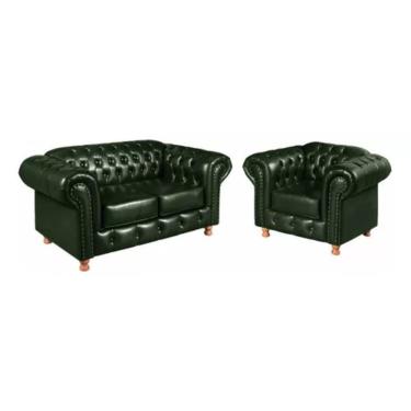 Imagem de Conjunto Sofá 2 Lugares E Poltrona Chesterfield Luís Xv Vintage Retrô Capitonê Couro Verde