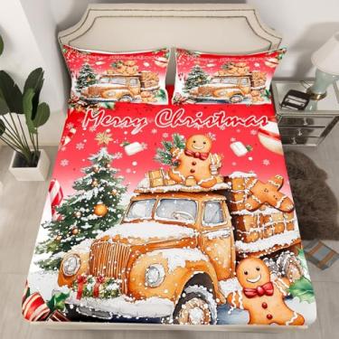 Imagem de Jogo de lençol solteiro com desenho de caminhão de gengibre, carro de Natal (sem lençol de cima), fofo homem de gengibre (1 lençol com elástico + 1 fronha), árvore de Natal para decoração de quarto de