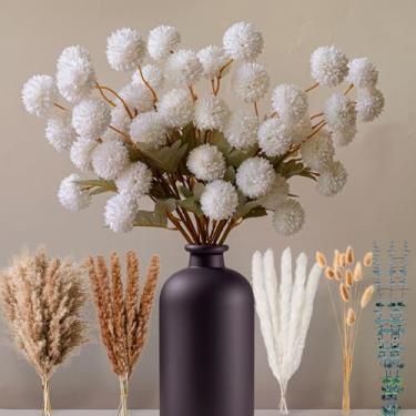 Imagem de Buquê de flores artificiais de alta qualidade com decoração de grama de pampa seca – Flores artificiais realistas para ambientes internos | Peônias falsas, mães, ranúnculo, eucalipto | Arranjos