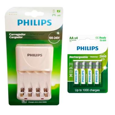 Imagem de Carregador de Pilhas Philips com 4 Pilhas Aa 2500 Recarregáveis RTU Bivolt Inmetro