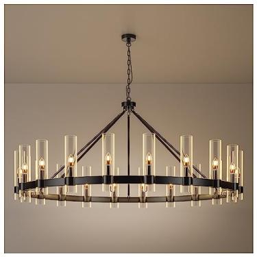 Imagem de AEULYTIR Lustre de roda de vagão preto de 20 luzes moderno casa de fazenda com sombra de vidro, pingente de teto alto industrial redondo de 152 cm para sala de jantar, ilha de cozinha, hall de entrada