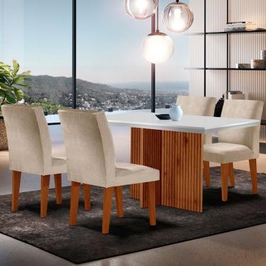Imagem de Sala De Jantar Mesa Olimpia Canto Reto Com 4 Cadeiras Grecia Creme/off White/imbuia Ripado