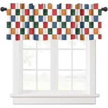 Imagem de Cortina retrô quadriculada colorida, hippie descolada, vintage, boêmia, geométrica, simplicidade, varão, bolso, cortina curta para crianças, meninos, quarto, cozinha, sala de estar, café, restaurante
