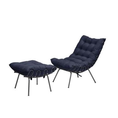 Imagem de Kit Poltrona Decorativa Costela com Puff Adão Preto - Azul - METAL MOV