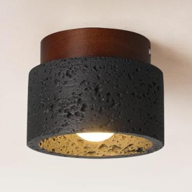 Imagem de WOSBO Luzes de teto Wabi Sabi, luminária de teto japonesa travertino amarelo japonês de 4,7 polegadas, abajur de pedra com placa de madeira, lâmpada de teto de meados do século para entrada do