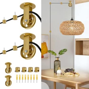 Imagem de KOLTIME Conjunto de 2 rodas de polia para pendurar luzes suspensas, ganchos de teto para pendurar luzes com cabo, polias de reboque de elevação de teto de parede de alumínio para iluminação de lustre