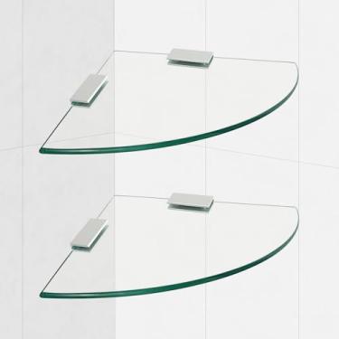 Imagem de SYLXTEEM Pacote com 2 prateleiras de chuveiro de canto de vidro com suportes de alumínio, prateleira de banheiro de vidro temperado 24 x 24 cm, organizador de parede para chuveiro, cozinha