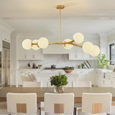 Imagem de TAKEGO Lustres lineares modernos de latão dourado de 132 cm para sala de jantar, 7 luzes grandes de meados do século candelabro moderno Sputnik lustres pendentes, lustre globo para sala de estar
