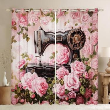 Imagem de Cortinas de janela para máquina de costura 3D, rosa, verde, folhas decorativas, cortinas de janela para crianças, meninas, mulheres, flores de jardim sonhadoras, românticas, cortinas retrô para sala