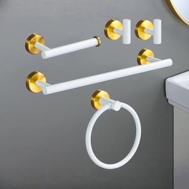 Imagem de Conjunto de acessórios para banheiro em ouro branco, barra de toalha de aço inoxidável 304, porta-papel higiênico, gancho para roupão, conjunto de 5 peças