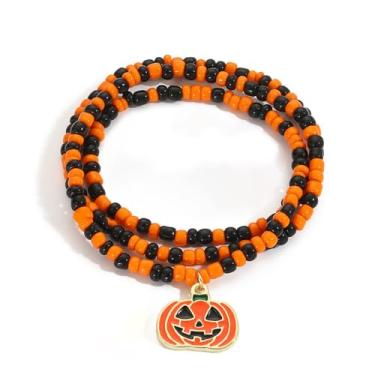 Imagem de NKTDWO Pulseira feminina assustadora divertida de Halloween - Pingente de abóbora fantasma preto laranja com pingentes de caveira, laranja