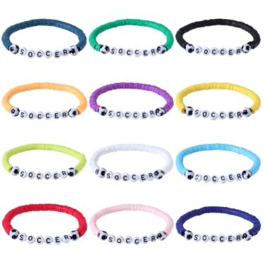 Imagem de GORGECRAFT 12 peças, 12 cores, pulseiras de futebol, letras de futebol, contas de polímero empilháveis, berloques, lembrancinhas de festa, joias esportivas para entusiastas de esportes, jogadores