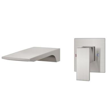 Imagem de Aolemi Torneira para pia de banheiro de montagem na parede Níquel escovado orifício único bico de cachoeira amplo com válvula áspera para banheira misturadora