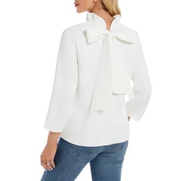 Imagem de Blusa feminina Kedera com babados, gola simulada, mangas 3/4, branca