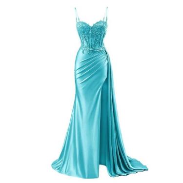 Imagem de Vestido de baile RUMUGUYA Mermaid Lace Appliques, cetim, turquesa