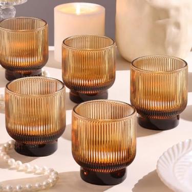 Imagem de Conjunto de castiçais votivos âmbar de 15 a 6,5 cm x 7,5 cm com design canelado elegante, suportes votivos de vidro grandes para centros de mesa de casamento Boho, Ação de Graças, decoração de festa