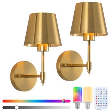 Imagem de Nogcew Conjunto de 2 arandelas de parede operadas por bateria, lâmpadas de parede LED recarregáveis sem fio, luz de parede reguladora, latão escovado, lâmpada de parede interna para sala de estar