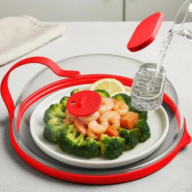 Imagem de Capa contra respingos de micro-ondas com vaporizador de água para alimentos - Proteção contra respingos de micro-ondas a vapor de 25,4 cm com alça e tampa de forno com tampas de placa de vapor