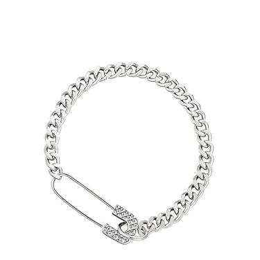 Imagem de Cykdohy Pulseira punk com alfinete de segurança para mulheres e homens, clipe de papel prateado, clássico, prateado, grosso, polido, corrente cubana, pulseira, hip hop, y2k, joias modernas, presente