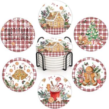 Imagem de Bribay Conjunto de 6 porta-copos para bebidas, pão de gengibre, azevinho, xadrez de inverno, tapete de pedra de cerâmica absorvente de Natal com base de cortiça e suporte de metal, presente para