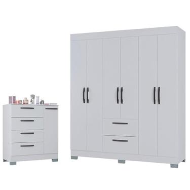 Imagem de Cômoda 868 4 Gavetas e 1 Porta com Guarda Roupa Casal Tóquio 6 Portas Branco Brilho - Poquema