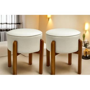 Imagem de Kit 2 Puff Redondo Luna em Linho Bege Pés de Madeira Luxo - Lar Estilo