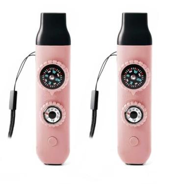 Imagem de Apito de segurança de sobrevivência de emergência, apito para crianças com cordão, bússola, termômetro, ideal para caiaque, passeios de barco, caminhadas, acampamento, escalada (rosa claro, 2 peças)