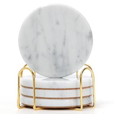 Imagem de YONGHEE Conjunto de 4 porta-copos de mármore com suporte, porta-copos elegantes e modernos de mármore branco redondo para decoração de mesa de café, porta-copos de pedra semiabsorvente para bebidas