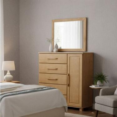 Imagem de Conjunto Cômoda 5 Gavetas + Moldura com Espelho 100% Madeira Maciça - Linha Ouro Finestra Móveis Freijó