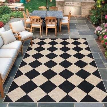 Imagem de Garvee Tapete de sala de estar, 12 x 18 cm, lavável para quarto, lavanderia, fácil de juta, tapetes modernos xadrez para casa de fazenda, preto e natural