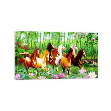 Imagem de Impressão em tela moderna - imagem de arte de parede de paisagem - cavalos de lótus da floresta de bambu - pôster para sala de estar, decoração de casa, pronto para pendurar, tela emoldurada de 80 x