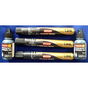 Imagem de 3 canetas marcadoras permanentes Reynolds + 2 refis de tinta Camlin 15 ml x 2 pretas