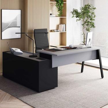 Imagem de Mesa L Diretor 180cm com Armário Lateral Tampo Chanfrado Pés em Metal Industrial Executive Cinza Sagrado / Preto