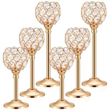 Imagem de Mimorou Pacote com 6 castiçais de cristal de ouro ou prata, porta-velas decorativas a granel para casamento, festa, decoração de mesa de centro de mesa de Natal (ouro)