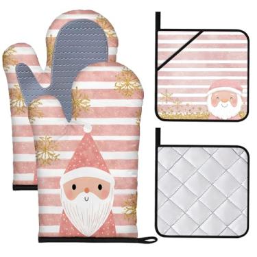 Imagem de BVBOX Conjunto de 4 luvas de forno e pegadores de panela de Natal resistentes ao calor com superfície de silicone antiderrapante para cozinha, cozinhar, grelhar (Papai Noel listrado rosa, conjunto com