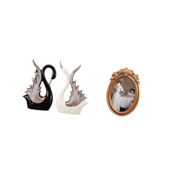 Imagem de Fenteer Elegantes Figuras de Cisne de Cerâmica E Moldura de Resina Ornamentada para Mesa, Prateleira, Lareira de Aniversário, Suporte de Mesa, Suporte para Qu