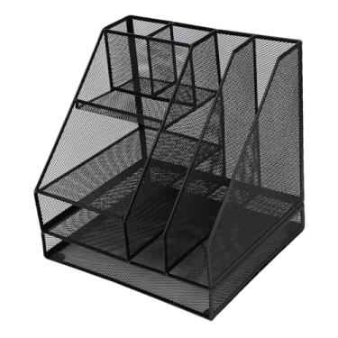 Imagem de Fafeicy Organizador de Mesa de Malha Preto 2 Colunas 4 Camadas Porta-canetas Multifuncional, Estrutura de Metal de Ferro Resistente Com Revestimento Em pó, Design que Economiza Espaço para
