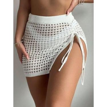 Imagem de Saia curta de praia cós alto ajustável cordão furos moda tricot verão-Feminino