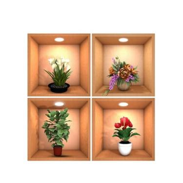 Imagem de FLCPJGV Adesivo de parede 4x 3D com plantas em vasos, plantas verdes, folhas, decalques de parede, papel de parede para escritório