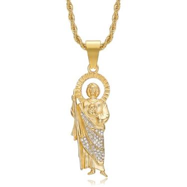 Imagem de Colar de aço inoxidável banhado a ouro 18K com pingente de São Judas para homens e mulheres, corrente de 60 cm San Judas Tadeo Medalla Cadena Oro Laminado, joia de oração cristã, presente religioso
