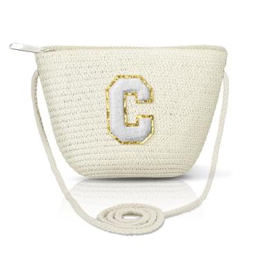 Imagem de Bolsa transversal de palha para mulheres bolsas de verão iniciais feitas à mão bolsa de praia tecida para viagens férias presentes de aniversário personalizados, Bege-grande-C