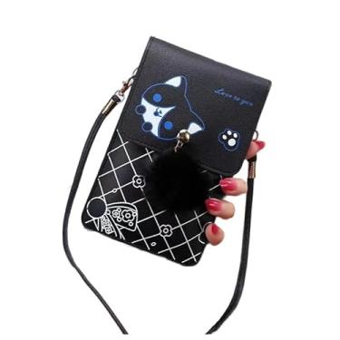 Imagem de Bolsas transversais para telefone para mulheres, pequena carteira de ombro de poliuretano, bolsa acolchoada com estampa fofa bolsa de telefone moderna decoração de pelúcia, Preto, Medium