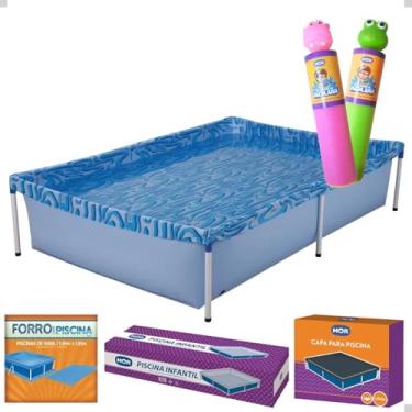 Imagem de Piscina 1500 Litros Quadrada com Capa e Forro + Lan?a Agua Brinquedo Infantil Kit (Verde Rosa)