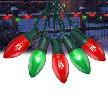 Imagem de Konictom Luzes de Natal vermelhas e verdes de 6,5 m, luzes de Natal incandescentes C9 com 26 lâmpadas (1 sobressalente), luzes de Natal para pendurar ao ar livre para decoração de casa de jardim