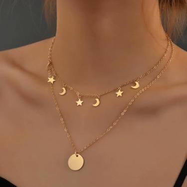 Imagem de Conjunto de colar de gargantilha de disco em camadas banhado a ouro para mulheres, pingente empilhável de estrela, lua e círculo, joia elegante e simples para presente