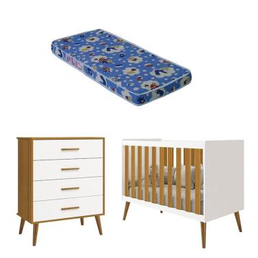 Imagem de Kit Berço Americano e Cômoda Gaveteiro Infantil Isis 4 Gavetas em MDF 133 cm Branco Reller Móveis