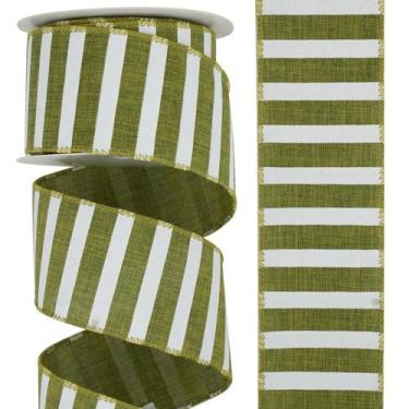 Imagem de Fita decorativa DINDOSAL 2,5 polegadas, verde, branca, estopa listrada